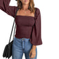 Solid Color Women Clothing Spring Autumn New Long Sleeve Square-Neck Waist-Controlled Slim Fit Slimming Top