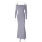 Elegant off Shoulder Patchwork Patch Long Sleeves Sheath Mid Length Solid Color Dress for Women