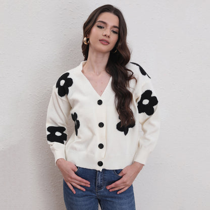 Women Clothing V neck Buckle Floral Knitted Cardigan Autumn Winter Casual Sweet Sweater