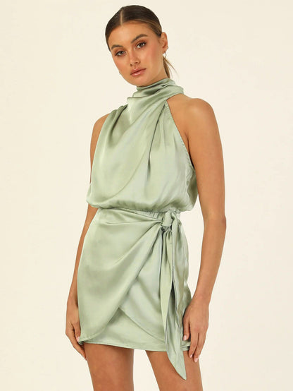 Halter High Grade Satin Tied Slim Fit Socialite Dress