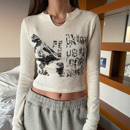 Trendy Cool Girl Pullover Top Printed Small U Collar Slim Thread Long Sleeve T Shirt Women