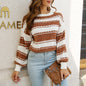 Women Clothing Autumn Winter Striped Lantern Sleeve Casual Loose Sweater