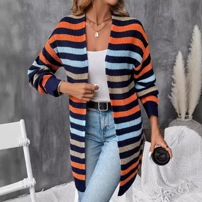 Classic Striped Knitted Coat Women Clothing V neck Long Sleeve Loose Sweater Cardigan Women