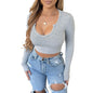 Women Clothing Nightclub Comfortable Solid Color Sunken Stripe U Neck Long Sleeved Short Top