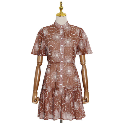 Early Spring Elegant Stand Collar Short Sleeve Printed Short Dress Plus Size Tiered Dress