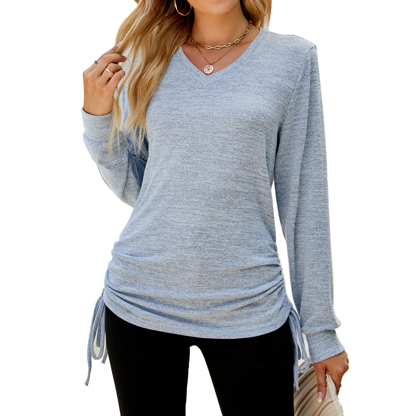 Autumn Winter Solid Color Long Sleeve V neck Pleating Loose itting T shirt Top Ladies