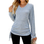 Autumn Winter Solid Color Long Sleeve V neck Pleating Loose itting T shirt Top Ladies