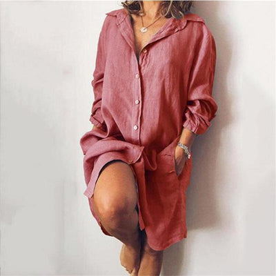 Fall Women Clothing Cotton Linen Mid-Length Long Sleeve Solid Color Cardigan Single-Breasted Shirt Dress