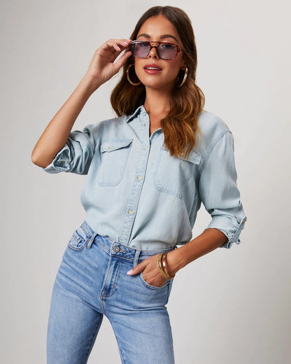 Denim Shirt Autumn Casual Collared Single Breasted Women Long Sleeved Denim