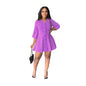 Loose V neck Casual Solid Color Mid Length Long Sleeve Shirt Dress