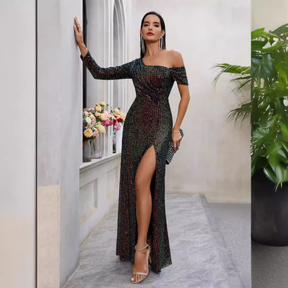 Popular Women Sexy Sequined Dress High Slit Oblique Collar Elegant Evening Dress