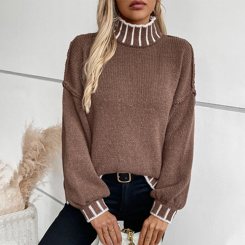 Autumn Winter Striped Pullover Turtleneck Sweater Women Loose Knitwear Top Women