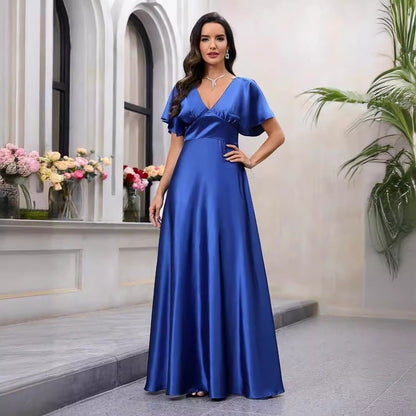 Summer Women Clothing V Neck Waist Design Satin Dress Elegant Graceful Waist Dress