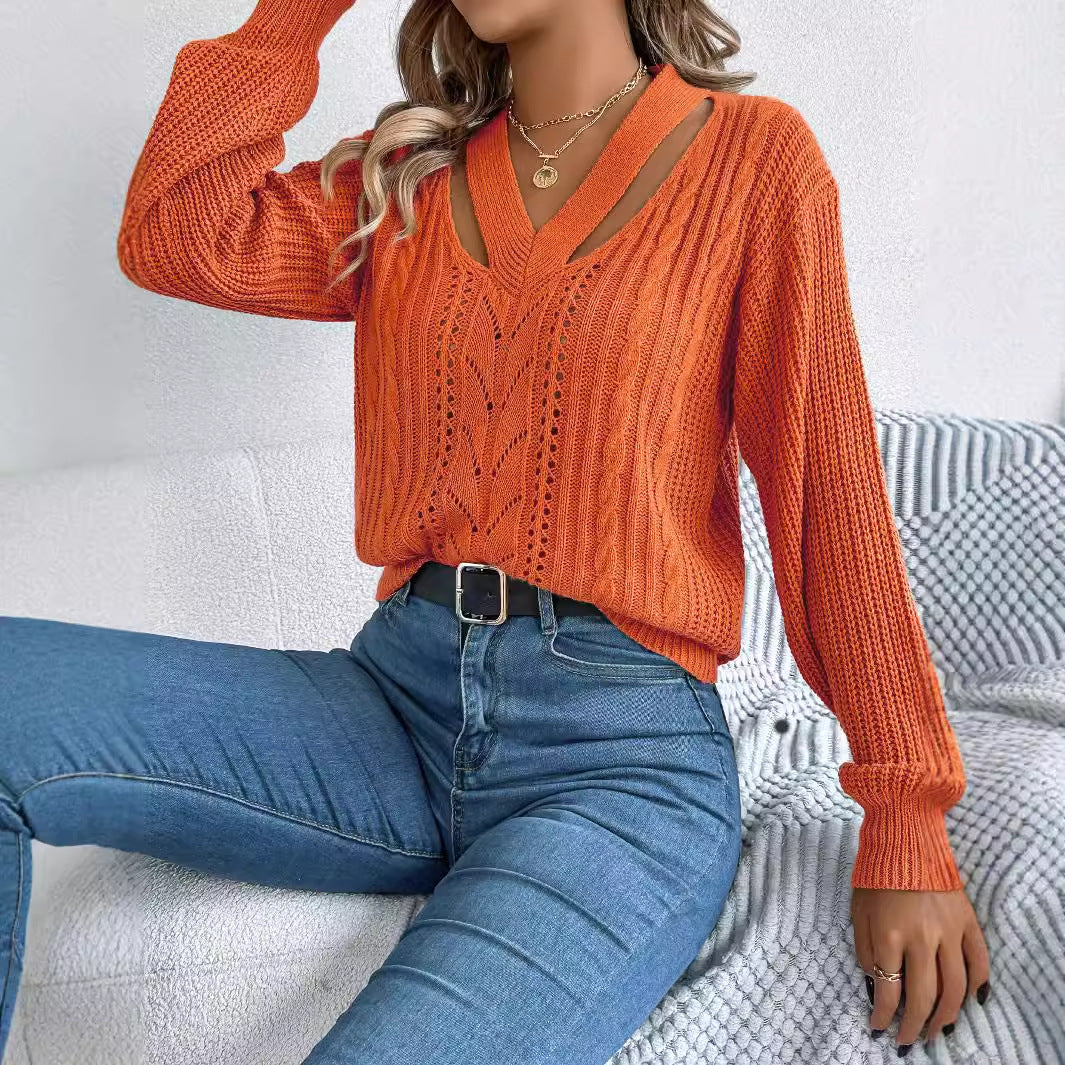 Autumn Winter Casual Hollow Out Cutout Out V Neck Twist Lantern Sleeve Pullover Sweater Women Clothing