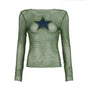 Grid Five Pointed Star Patch Sexy See through Long Sleeves Blouse Sexy Personality Slim Fit Slimming Top