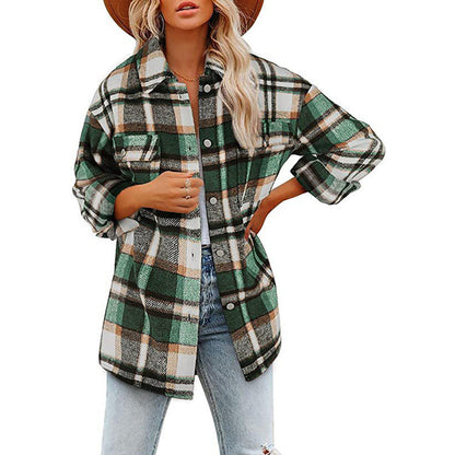 Autumn Winter Women Clothes Long Sleeved Collared Loose Plaid Single Breasted Shacket Outerwear