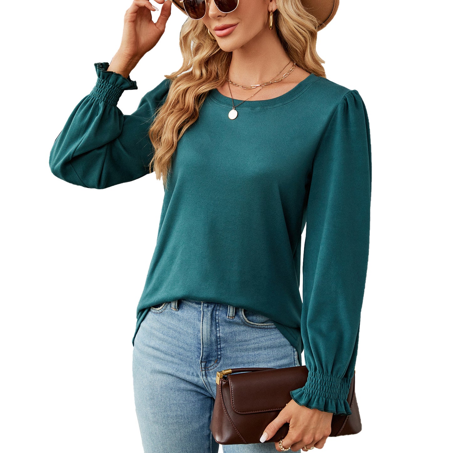 Autumn Winter Solid Color round Neck Loose Long Sleeved T shirt Top Women Clothing