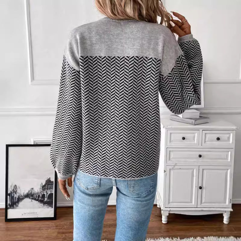 Women Knit Shirt Autumn Winter Color Matching Geometric Abstract Jacquard Pullover round Neck Long Sleeves Sweater for Women