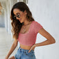 Women Sexy Short Cropped Knitted Top Hollow Out Cutout Criss Cross Backless Short-Sleeved Knitted Bottoming Shirt