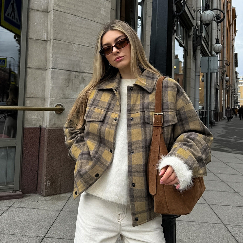 Classic Plaid Casual Loose Brown Plaid Collared Coat Autumn Street Long Sleeve Women Clothing