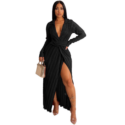 Sexy Slit Dress Autumn Winter V neck Long Sleeve Pleated Dress