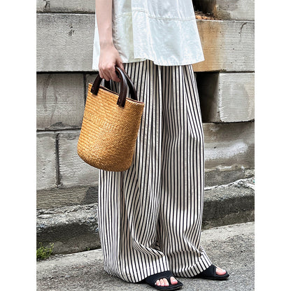 Drooping Loose Feeling Striped Wide Leg Pants Women Elastic Waist Casual Pants Minimalist All Match Lazy Pants