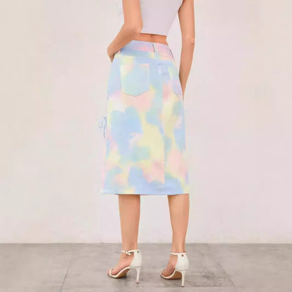 Summer Tie Dye Gradient Macaron Color Denim Skirt Mid High Waist