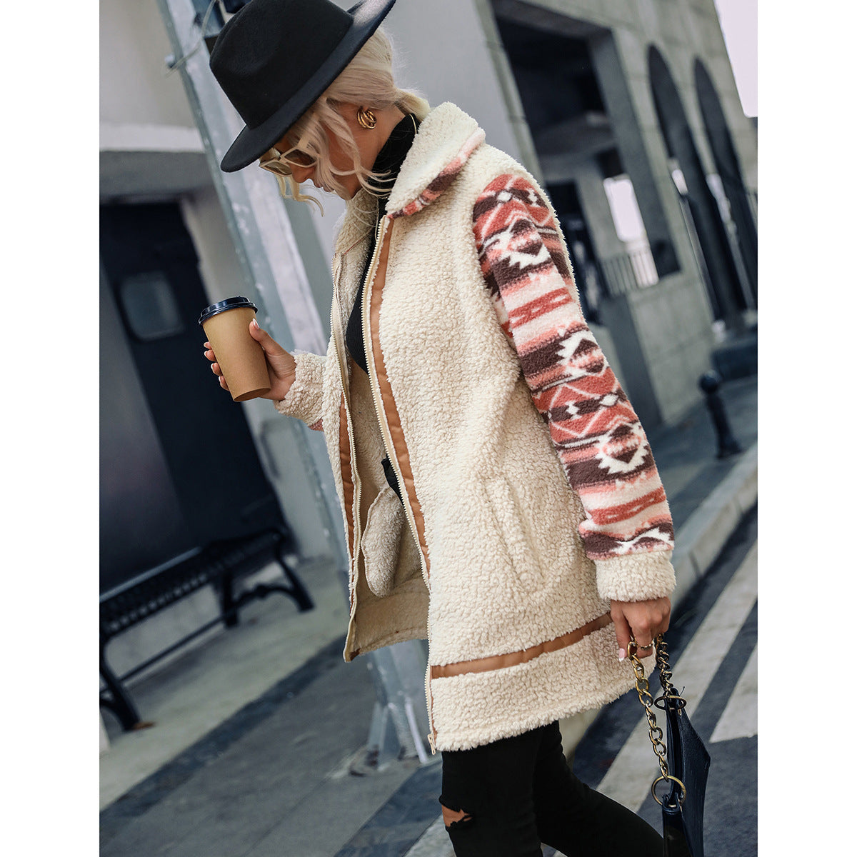 Flash Velvet Women Particle Color Matching Printing Collared Long Stitching Zipper Plush Coat Outerwear