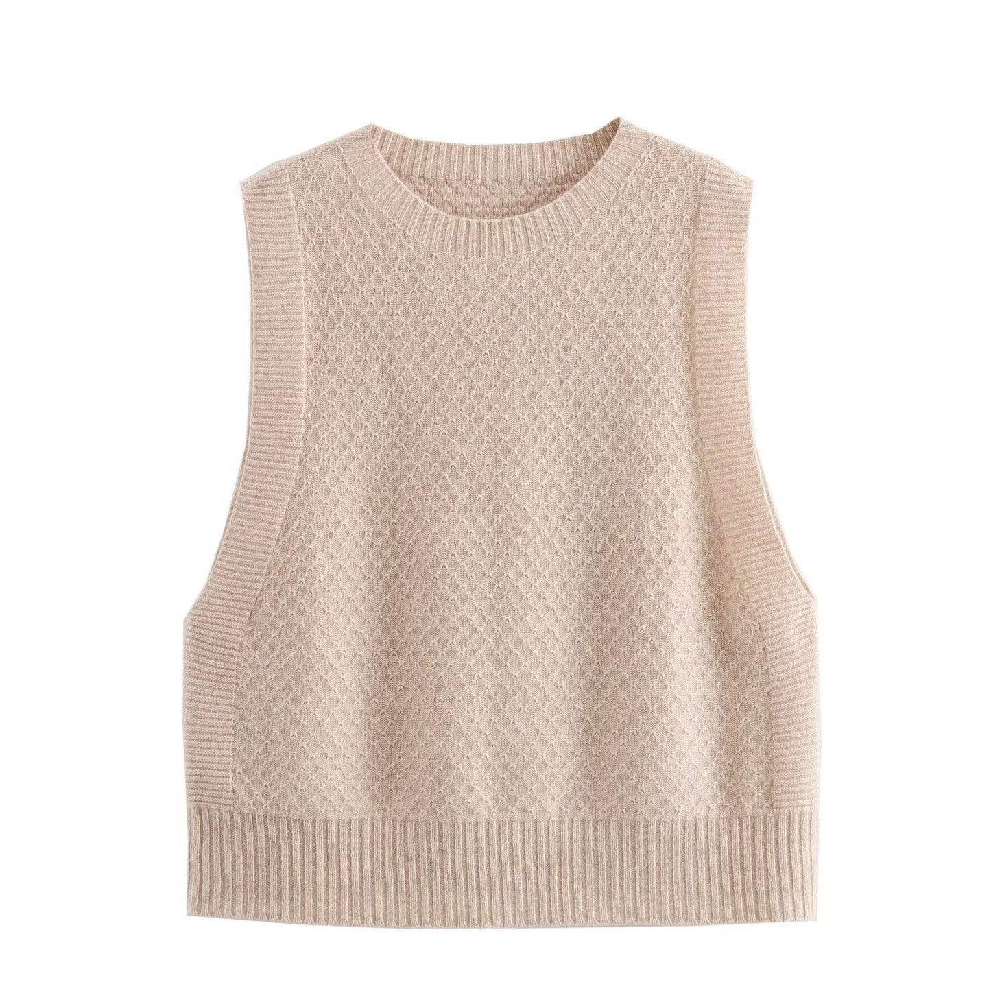 Fall Women Clothing Seamless Front Line Ready Made Garments Round Neck Wool Knitted Vest Jacket