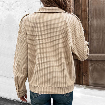 Women Casual Texture Top Autumn Winter Zipper Cardigan Outerwear