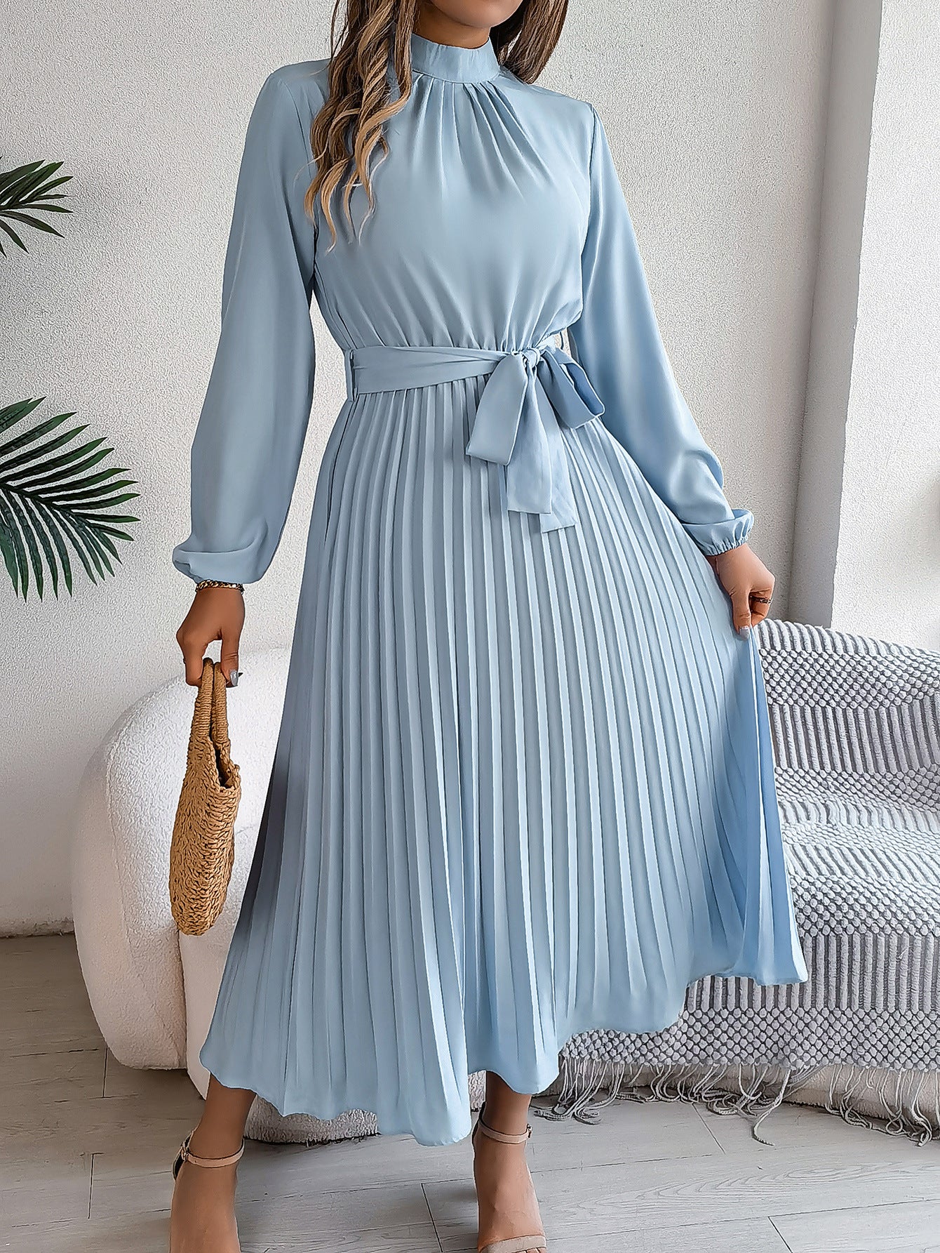 Autumn Winter Elegant Stand Collar Long Sleeve Cinched Pleated Maxi Dress Small Dress Women Clothing