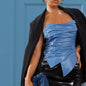 Trendy Faux Leather Shirt Short Sexy Wrapped Chest Backless Irregular Asymmetric Pleated Vest