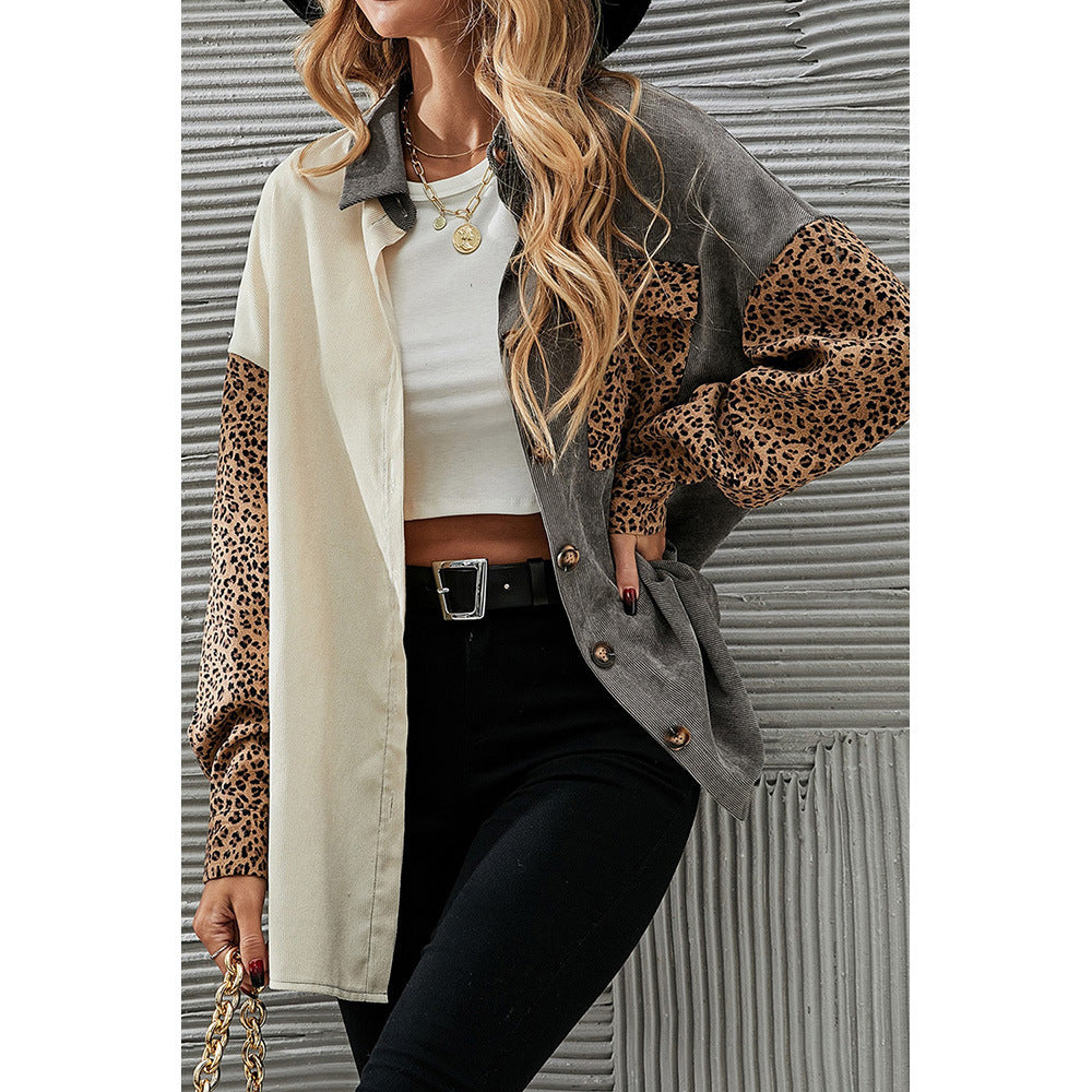 Gray Color Block Leopard Patch Corduroy Pullover Women Mid Length Long Sleeve Jacket