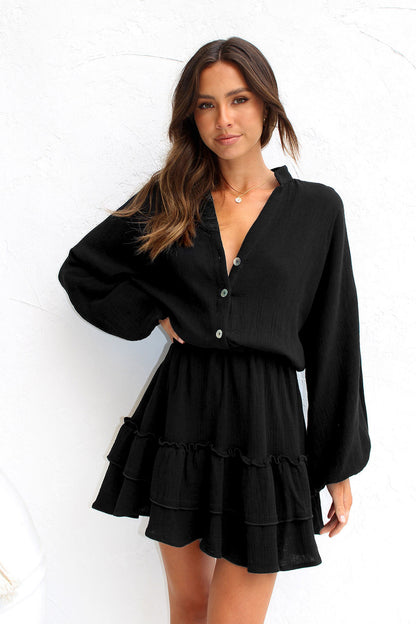 Women Autumn Clothing Button Long Sleeve Loose Shirt Dress Elastic Waist Ruffled