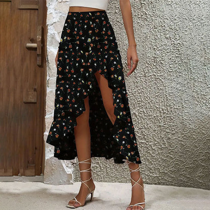 Women Clothing Summer Romantic Elegant Floral Lotus Leaf Hem Skirt Slit Asymmetric Skirt