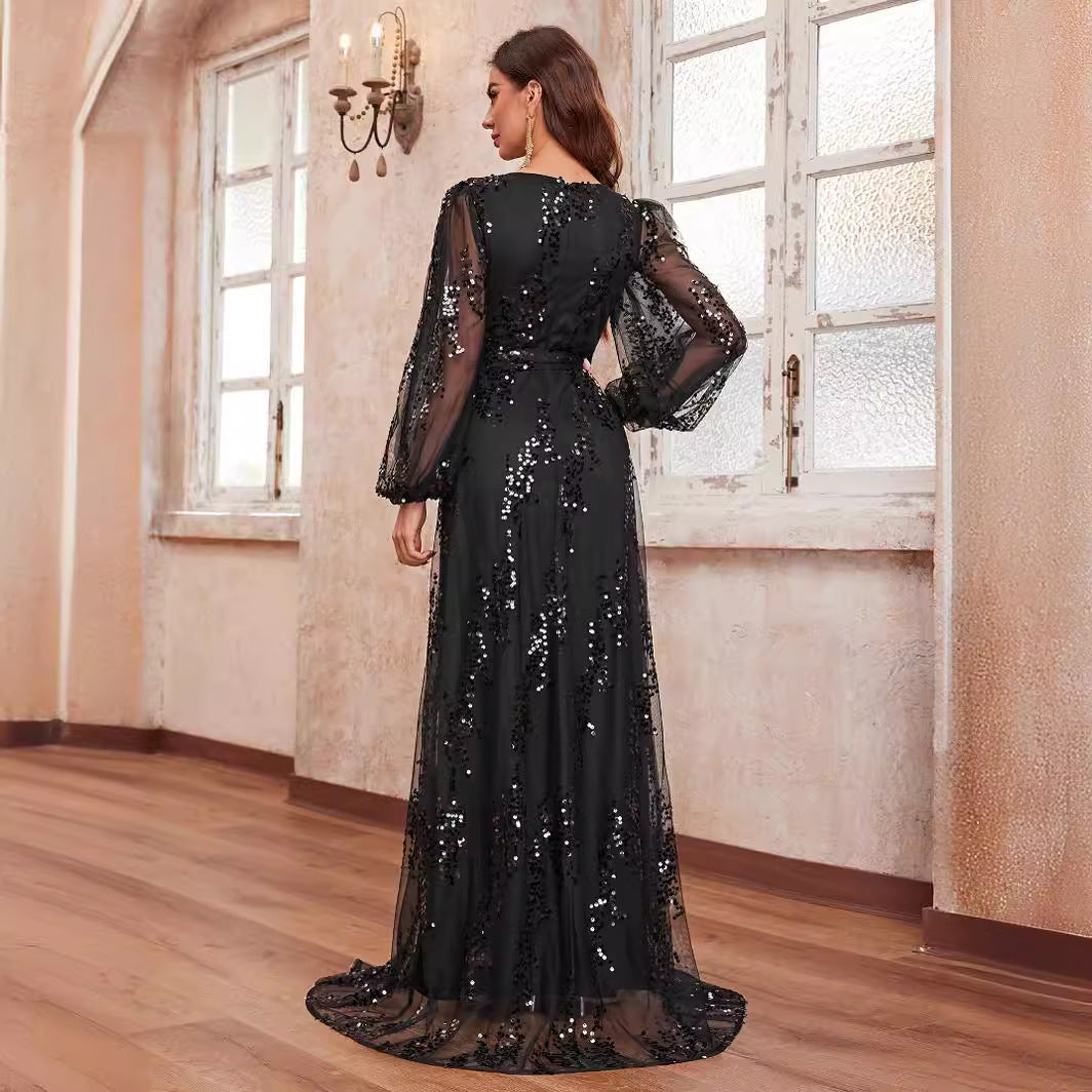 Ladies Elegant Prom Evening Dress Sequined Cross V Neck Long Sleeve Party Evening Dress