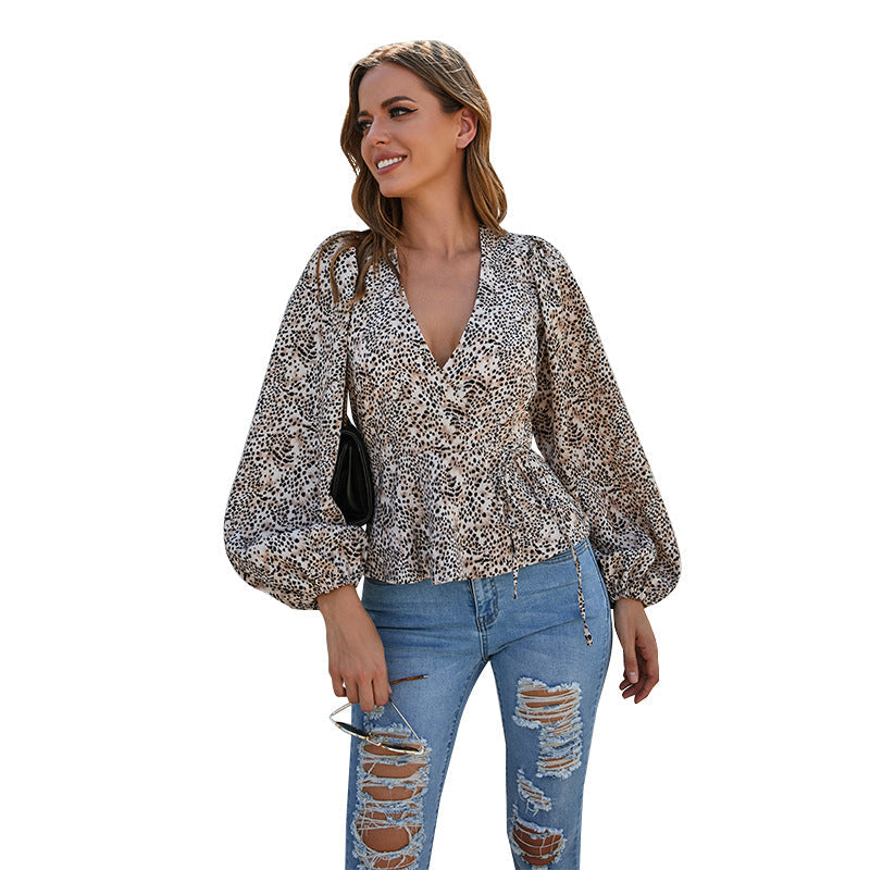 Elegant Floral Print Niche Women Shirt V Neck Lantern Sleeve Leopard Print Office All Matching Long Sleeve Top