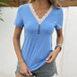 Summer Lace V Neck Patchwork Short Sleeved T Shirt Comfortable Knitted Top Women