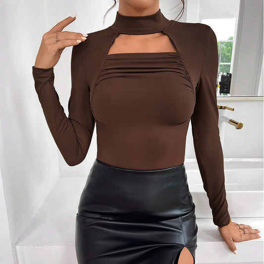 Autumn Winter Women Clothing Sexy Cutout Bottoming Shirt Slim Solid Color Long Sleeve T shirt Top