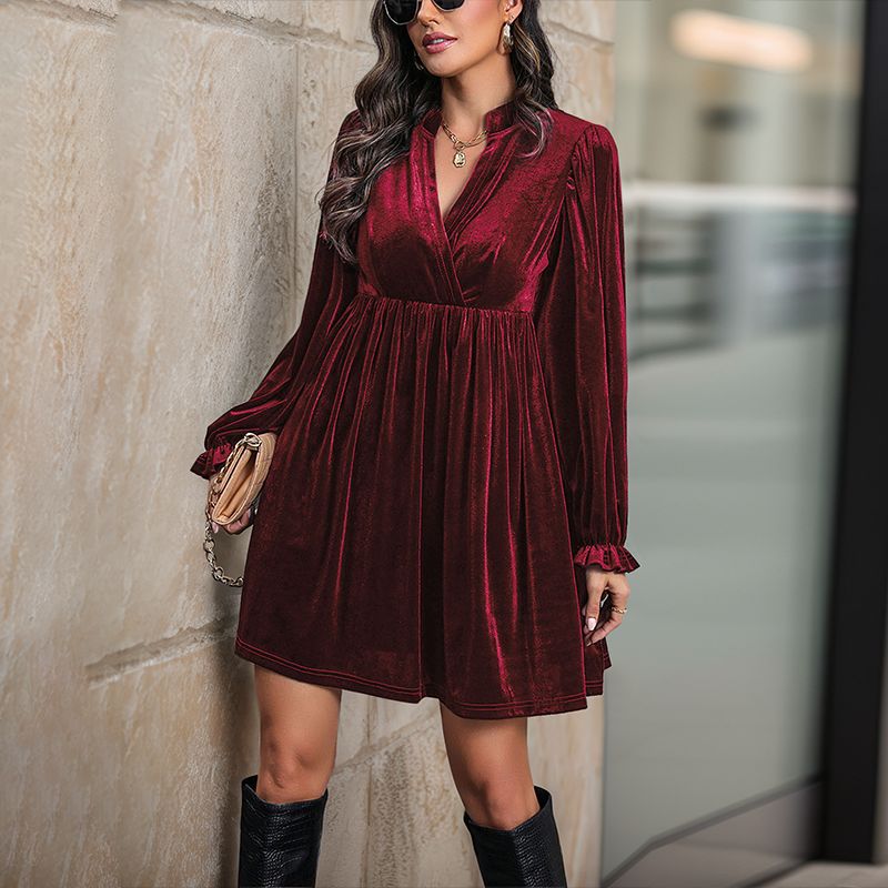 Long Sleeve Patchwork Autumn Winter Women Clothing Velvet Dress