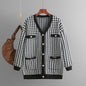 Sweater Women Loose V neck Houndstooth Long Sleeve Knitted Cardigan Coat Contrast Color