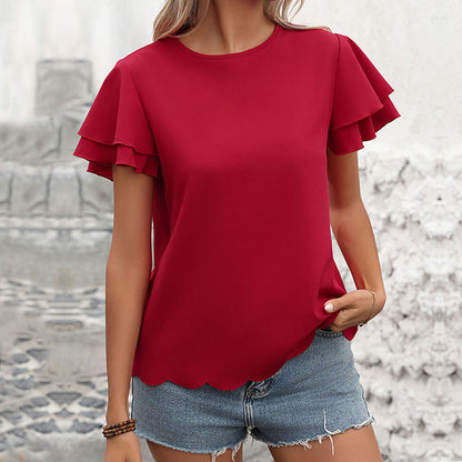 Women Clothing Double Layer Ruffle Sleeve Solid Color Top for Women Summer