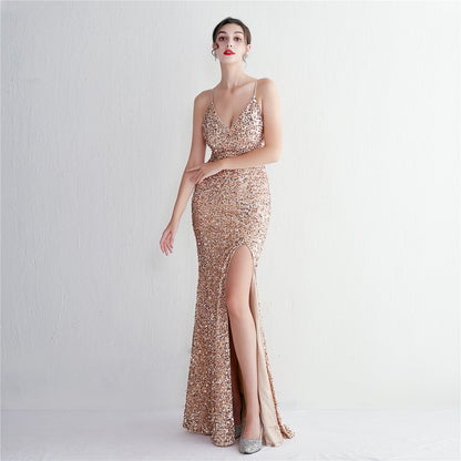 Velvet Bottom Sequin Suspender Party Sequined Dress Long Banquet Slim Fit Evening Dress Elegant