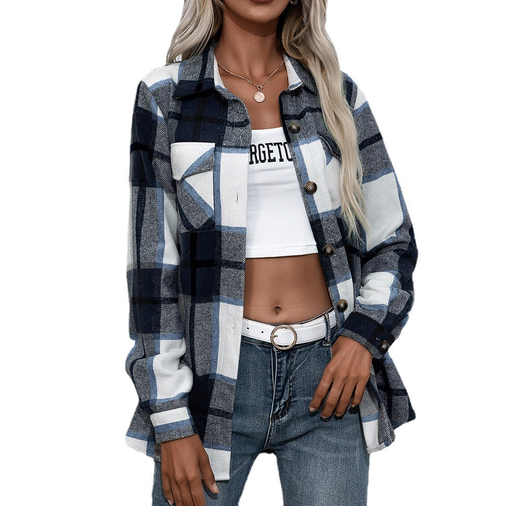 Autumn Winter Long Sleeved Plaid Top Loose Casual Shacket Jacket Women