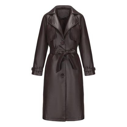 Spring Autumn Women Trench Coat Long Loose Jacket Faux Leather Coat Women Oversize Classic Turn down Collar Coat Containing Belt