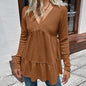 Women Clothing Loose Casual Mid Length T shirt Solid Color V neck Long Sleeve Tata Babydoll Top Women