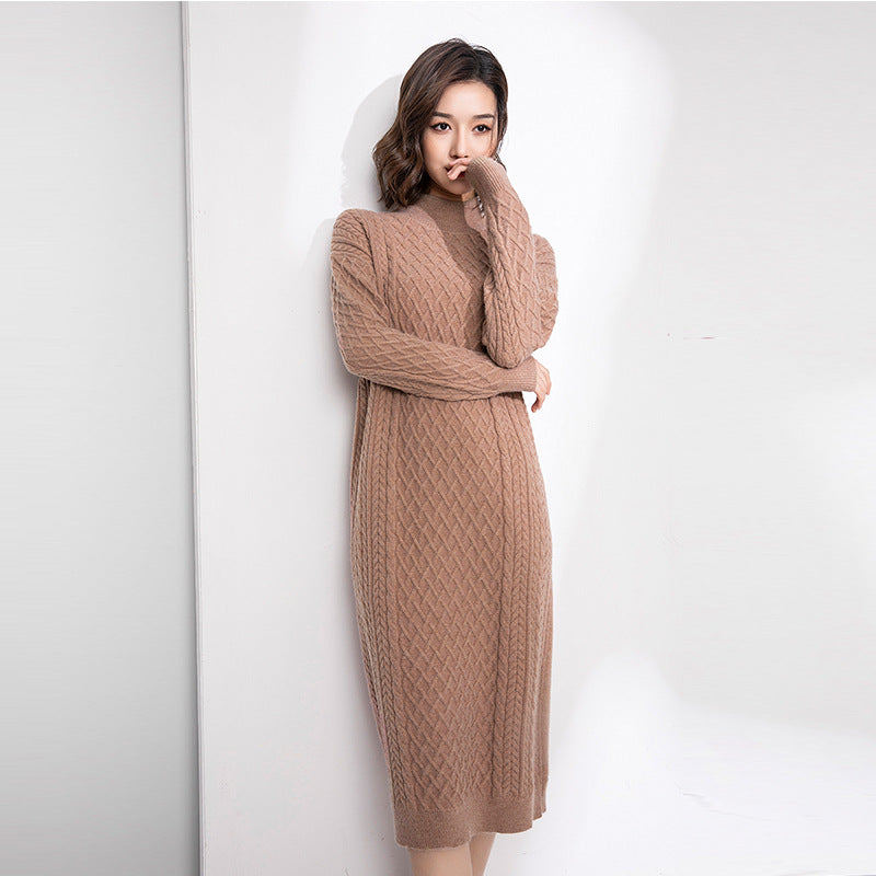 Autumn Winter Half High Collar Sweater Women Knitted Dress Mid Length Loose Over Knee Thickened Base Non Slit Woolen