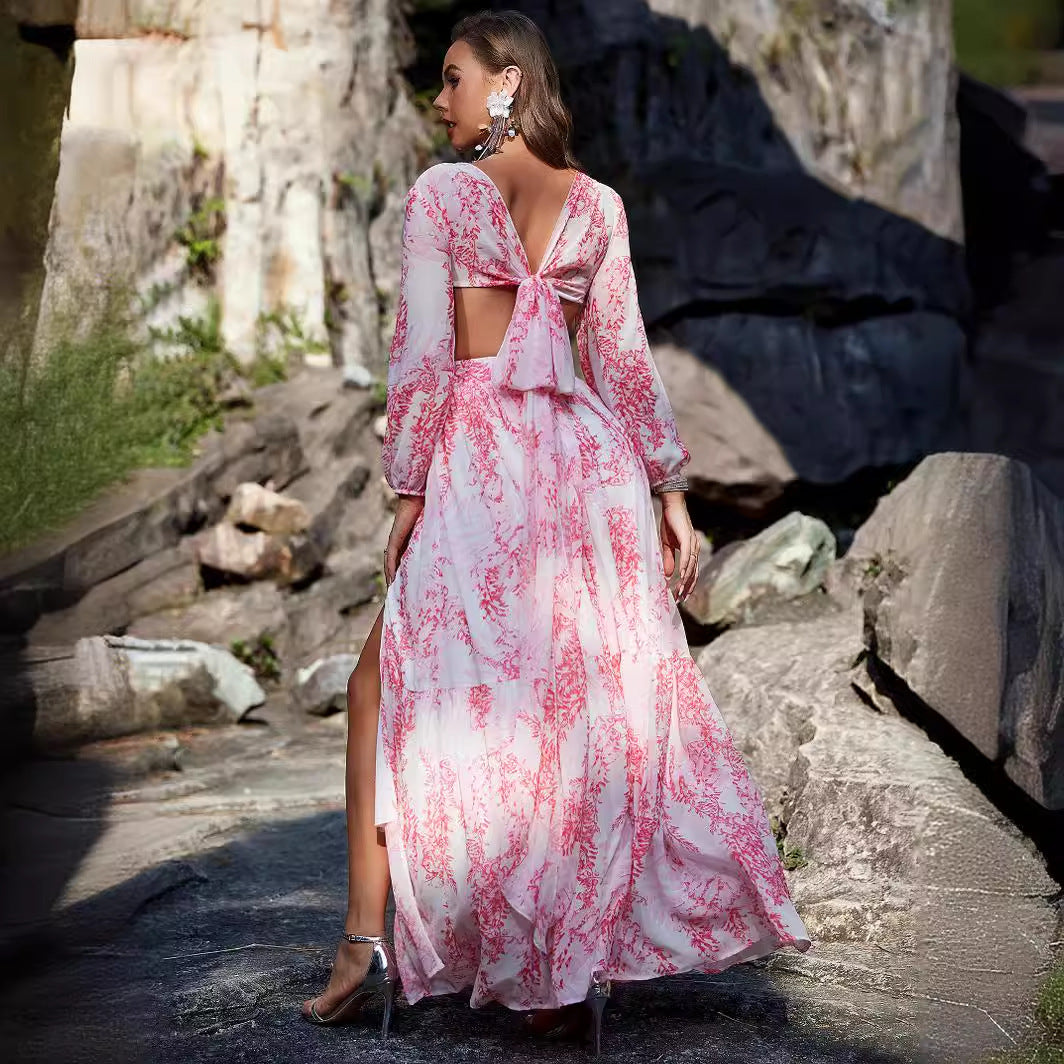 Sexy Dress Sexy Chiffon Printed Long Sleeve Hollow Out Cutout Out Split Maxi Dress