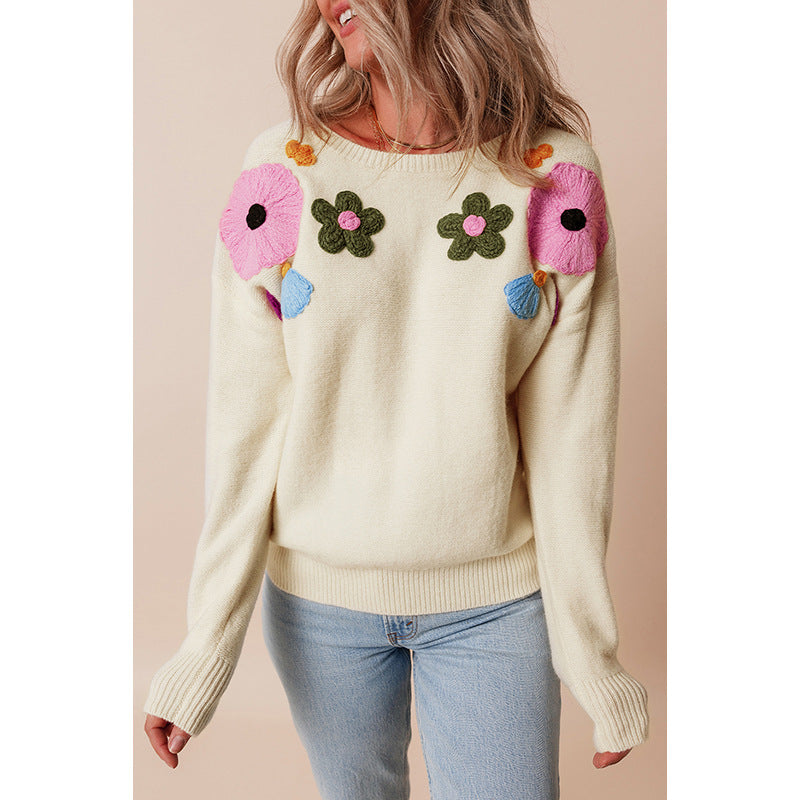 Summer Round Neck Knitted Top Women All Match Floral Embroidered Sweater