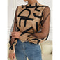 Spring Summer Geometric Abstract Printing Stitching Mesh round Neck Pullover Top